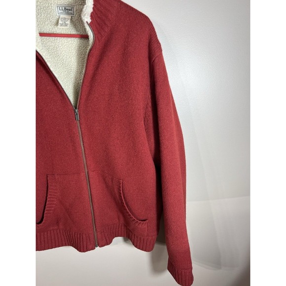 L.L.Bean Sherpa Sweater Large Lambswool Full Zip Cardigan Jacket Red Orange - Picture 3 of 11